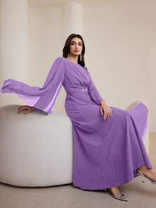 Graceveil Women's Solid Color Round Neck Long Sleeve Spliced Mesh Elegant Dress Modest Official Deep Purple Autumn - Purple - View 5