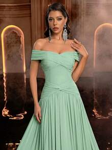 Glamrae Đầm chữ A thanh lịch, trễ vai, chất liệu vải dệt kim, thiết kế xếp ly, eo xòe rộng, thích hợp cho các buổi dạ hội, sự kiện kinh doanh, tiệc trà riêng tư, sinh nhật, các sự kiện ngày lễ, váy dạ hội dự tiệc cưới, đầm dự tiệc tối. - Màu xanh Bạc hà - Xem 3