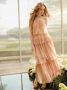 MOTF PREMIUM WOMEN'S ROMANTIC ELEGANT TIERED RUFFLE DRESS, SPRING/SUMMER - Apricot - View 5