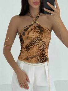 Aloruh Áo tank top nữ gợi cảm hở lưng, cổ yếm, phong cách Bohemian, chất liệu vải lưới in họa tiết động vật phối kim loại, thích hợp cho các lễ hội âm nhạc, kỳ nghỉ biển, dạo phố hàng ngày, mang đến vẻ quyến rũ. - màu nâu - Xem 7