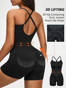 Bodysuits de mujer SHAPORA de color sólido con espalda cruzada, que levanta el trasero, sin costuras, sexy con tirantes, control de abdomen, efecto estilizante, sin mangas, de punto. - Negro - Ver 5