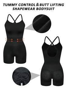 Bodysuits de mujer SHAPORA de color sólido con espalda cruzada, que levanta el trasero, sin costuras, sexy con tirantes, control de abdomen, efecto estilizante, sin mangas, de punto. - Negro - Ver 7