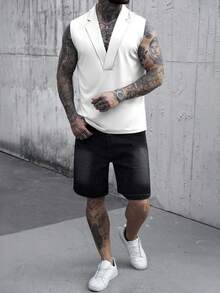 Manfinity CasualCool Men's Solid Color Lapel Neck Sleeveless Minimalist Design Summer Fashion Tank Top - White - View 5