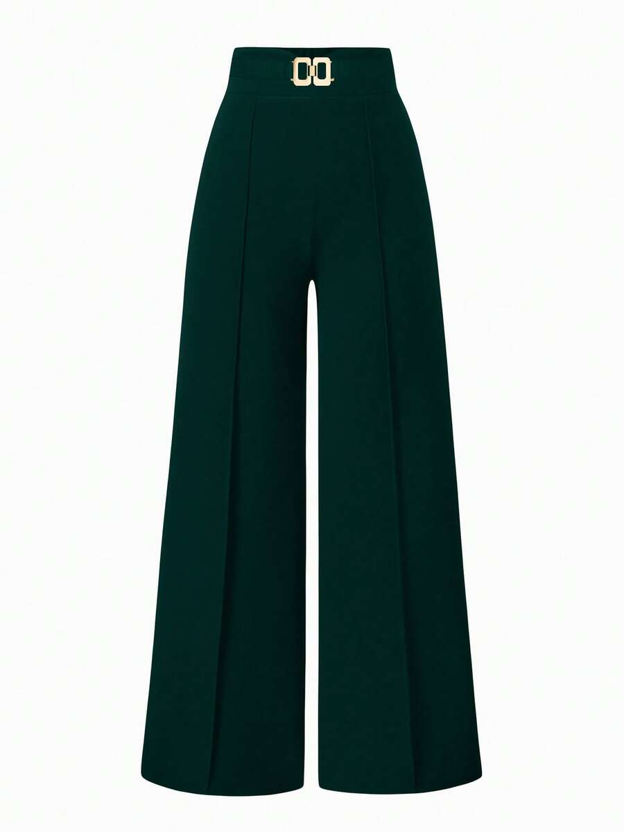 Sweetra Women's Metal Waist Design Wide Leg Loose Elegant Pants - Dark Green - View 1