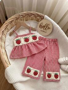 两件套女婴度假休闲杏色可爱红白格子草莓图案吊带背心和裤子套装 - 紅色 - 查看 6