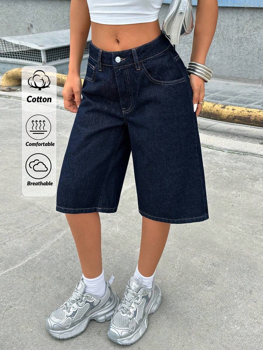 SHEIN 100% Cotton Tall Low Waist Raw Wash Denim Jort - Dark Wash - View 1