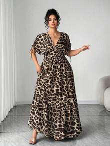SHEIN PETITE CURVE Plus Size & Petite Women's V-Neck Gathered Waist Flared Leopard Print Elegant Dress - Brown - View 3