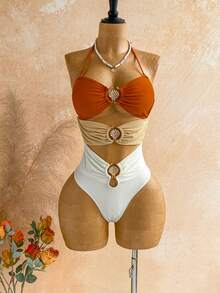 Soleia Women's Fashion Shell Metal Decor Halter Ruched One-Piece Swimsuit For Vacation Summer Beach - Multicolor - View 8
