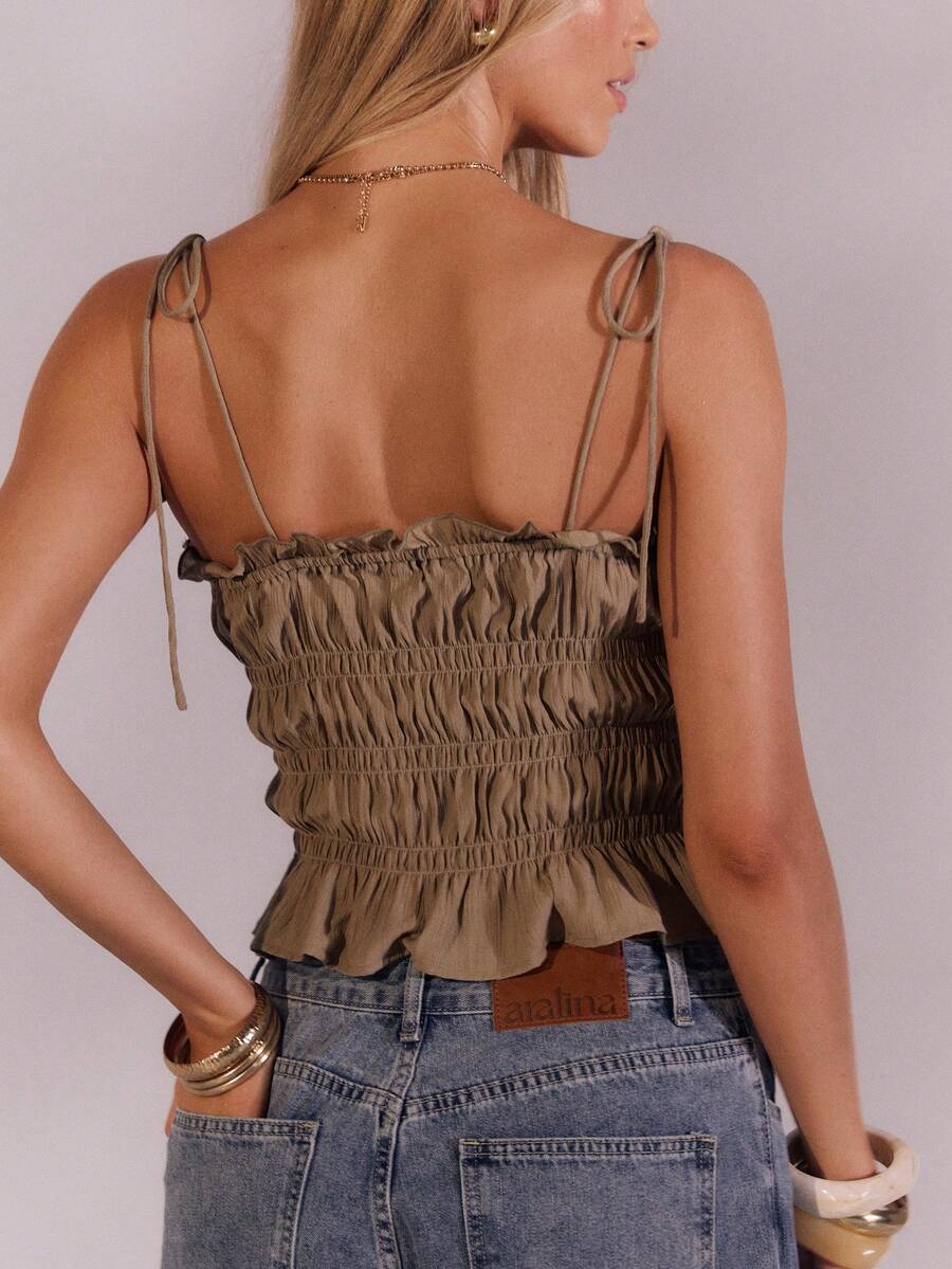 Aralina Áo croptop ôm dáng, xếp ly, nhún bèo, thắt dây vai, thích hợp cho mùa hè, dành cho nữ, kiểu áo dễ thương. - Màu xanh lam - Xem 1