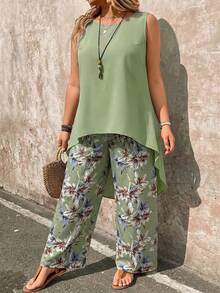 EMERY ROSE Plus Size 2 Pieces Set: Sage Green Sleeveless Top And Wide Leg Pants Beach Vacation Autumn - Green - View 4