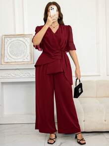 SHEIN Clasi Plus Size Women V-Neck Pleated Top And Wide Leg Pants Casual 2 Pieces Set - Burgundy - View 6