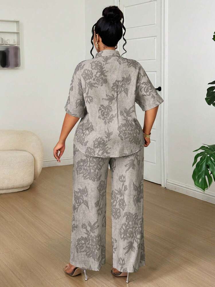 Dazy Plus Floral Print Loose Collar Shirt And Long Pants 2-Piece Set, Casual Commuter Style, Plus Size Women Spring/Summer Lounge Sets For Women