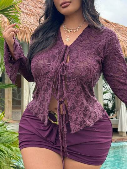 Dazy Plus 大码女士优雅蕾丝镂空系带衬衫，喇叭袖，通勤款，紫色，春夏款