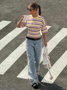 SHEIN Muchic 女士休闲简约不对称条纹图案T恤，百搭街头风，适合春夏穿着 - 彩色 - 查看 7