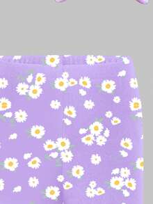 2件套女婴休闲时尚百搭春夏可爱甜美多巴胺紫色和白色雏菊图案宽松圆领短袖T恤和紫色打底裤套装 - 彩色 - 查看 5