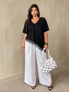 Auralis 大码女式纯色撞色蕾丝不对称领T恤 休闲女式衬衫 休闲女式衬衫 工作装 办公室装 办公室服装 黑色上衣 大码女式上衣 大码女式上衣 T恤 大码女式夏季服装 - 黑色 - 查看 6