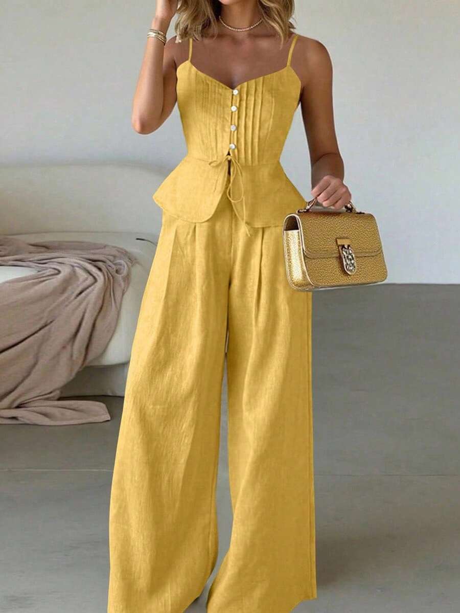 Breezaya Set de 2 piezas con camiseta de tirantes de color liso y pantalones de pierna ancha de lino - Amarillo - Ver 1