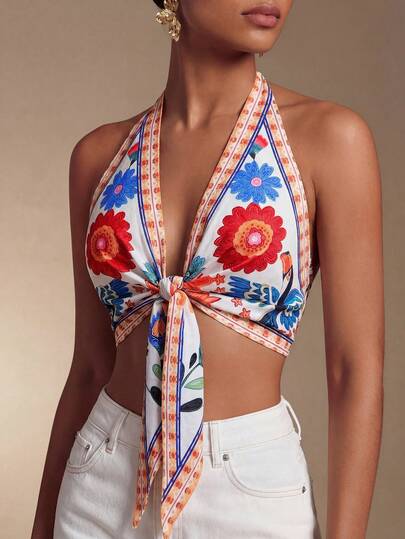 Swim Chiccia 热带花卉印花V领沙滩罩衫，夏季度假