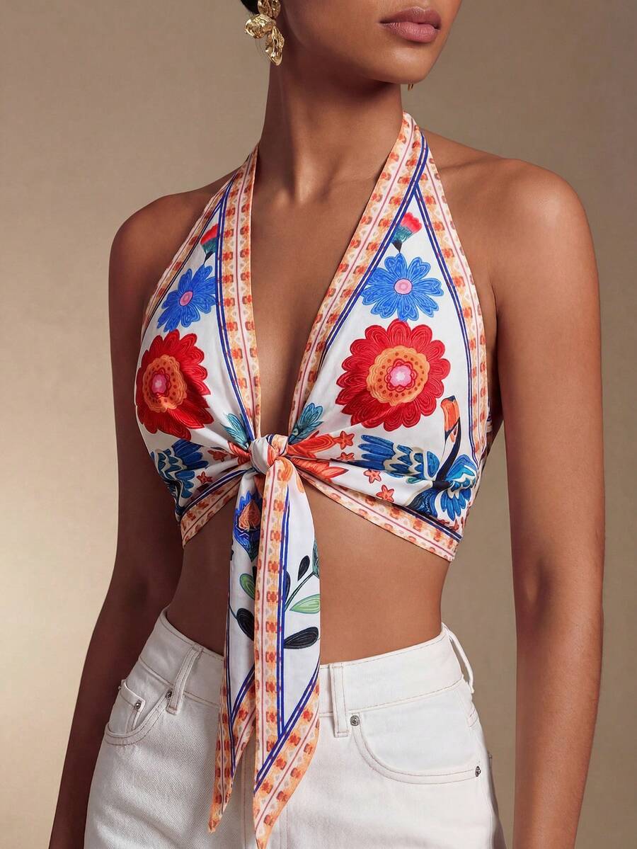 Swim Chiccia 热带花卉印花V领沙滩罩衫，夏季度假 - 彩色 - 查看 1