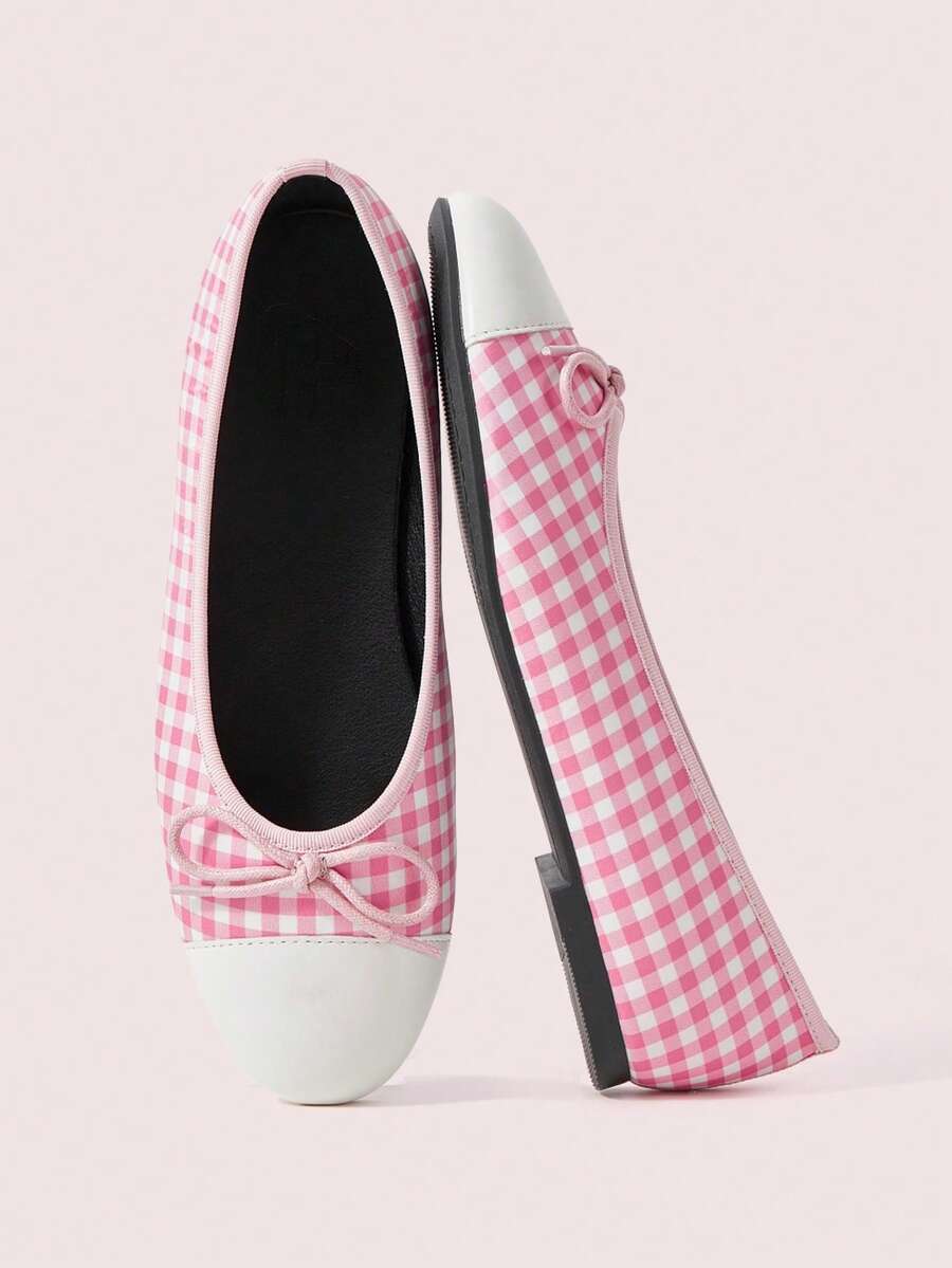 CUCCOO DOLLMOD Ladies Pink And White Plaid Pattern And Butterfly Decoration French Low Vamp Slip-On Ballet Flat-Soled Shoes Upper Two-Color Fabric Plaid Pattern Material Simple, Fashionable And Cute Retro Shoes Suitable For Four Seasons Office Commuting Wear - Pink white - View 1