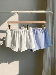 SHEIN Set de 2 pantalones cortos de lino y algodón sueltos y a rayas para niñas preadolescentes, adecuados para la playa, vacaciones, hogar, versátiles, primavera/verano - Multicolor - Ver 2