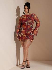 SHEIN BAE 大码女式长袖迷你连衣裙，秋冬款 - 酒紅色 - 查看 6