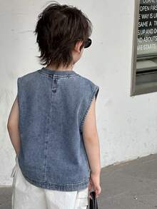 Dazy Kids 幼儿男童宽松休闲牛仔T恤，星形图案，夏季 - 深色水洗藍 - 查看 2