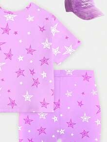 Cartoon Character Print Short Sleeve T-Shirt And Shorts Casual Outfit For Young Girl Back-To-School School Summer - Multicolor - View 3