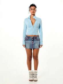 BABYPHAT High Neck Zip Up Ribbed Knit Cardigan Sweater Top With Long Sleeves And Cropped Fit - Blue - View 3