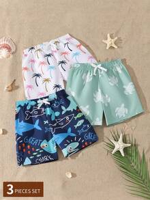 Young Boy 1pcs Solid Color Print Elastic Waist Bow Tie Decor Short Swim Trunks - Multicolor - View 6