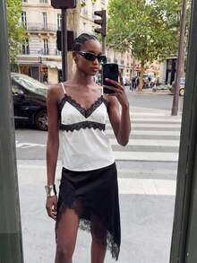 Maija 女士无袖蕾丝拼接V领吊带背心，宽松都市休闲风 - 黑與白 - 查看 3