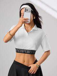 Easithlete Women's Fashion Minimalist Letter Print Contrast Color Cropped Sports Polo Shirt,Black And White,Summer,Casual,Golf Y2k Gym Cover Up Graphic Crop Top - White - View 3