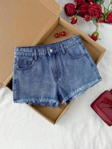 SHEIN 女孩豹纹蝴蝶结装饰蓝色牛仔毛边短裤 - 深色水洗藍 - 查看 2