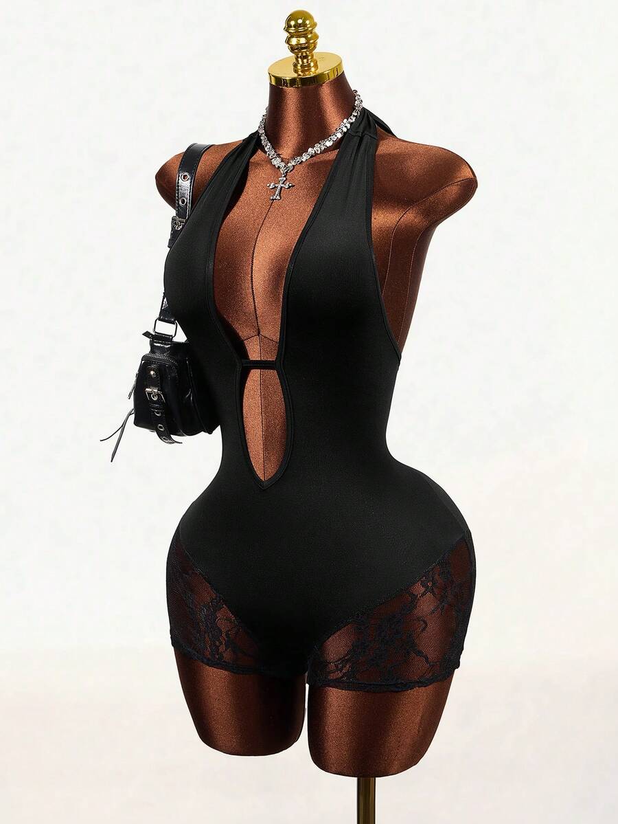 Mistrie Women's Sexy Lace Patchwork Jumpsuit, Summer  With A Hollowed Out Chest Design, Explosive And Sexy. Hollow Mesh Splicing Ultra-Low Waist Short Skirt. Suitable For Music Festivals, Holidays, Parties, And Dates. Out On The Street, Traveling - Black - View 1