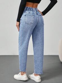 SHEIN Tall Women's Button Waist Design Pocket Tapered Jeans, Tall Back-To-School Light Blue Summer Casual - Light Wash - View 7