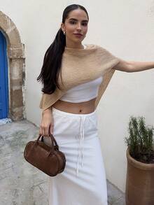 Marta Soriano Áo choàng Poncho đan gợi cảm đa năng, thiết kế vai bất đối xứng cổ chữ V, áo cánh thường ngày cho kỳ nghỉ hè - Vàng - Xem 4