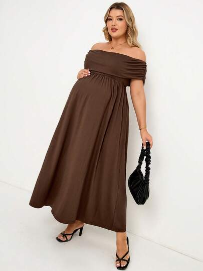 SHEIN 优雅露肩纯色孕妇连衣裙，大码