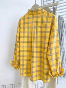 女士格子印花纽扣前开襟休闲长袖衬衫 - 彩色 - 查看 2