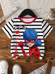 Miraculous Ladybug X SHEIN Áo thun ngắn tay in hình hoạt hình kẻ sọc, phong cách thường ngày, thời trang đường phố cho bé gái, thích hợp mặc đi làm, mùa hè. - trắng - Xem 1