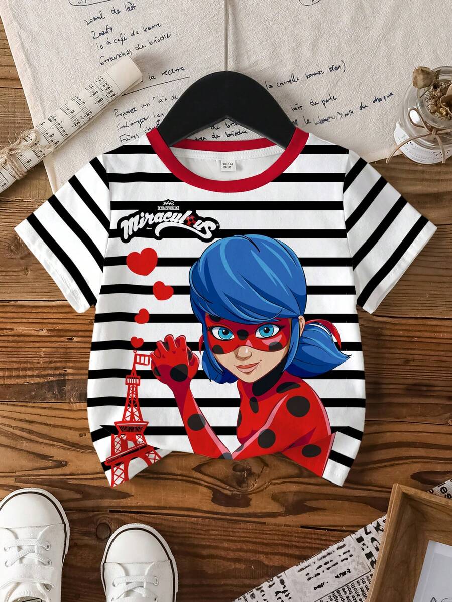 Miraculous Ladybug X SHEIN Áo thun ngắn tay in hình hoạt hình kẻ sọc, phong cách thường ngày, thời trang đường phố cho bé gái, thích hợp mặc đi làm, mùa hè. - trắng - Xem 1