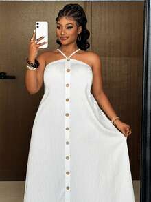 Maweii Plus Size Women's Solid Color Button Design Halter Romantic Vacation Dress - White - View 3