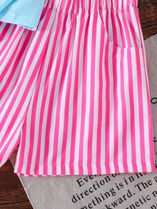 SHEIN Tween女孩 2件組圓領夏季休閒可愛牛仔女郎度假通勤上學豹紋度假套裝 櫻桃粉與白色馬卡龍色 - 藍色 - 查看 6