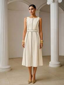 ZEYLAH CONTRAST PIPING FOLD PLEATED MIDI DRESS - Apricot - View 5