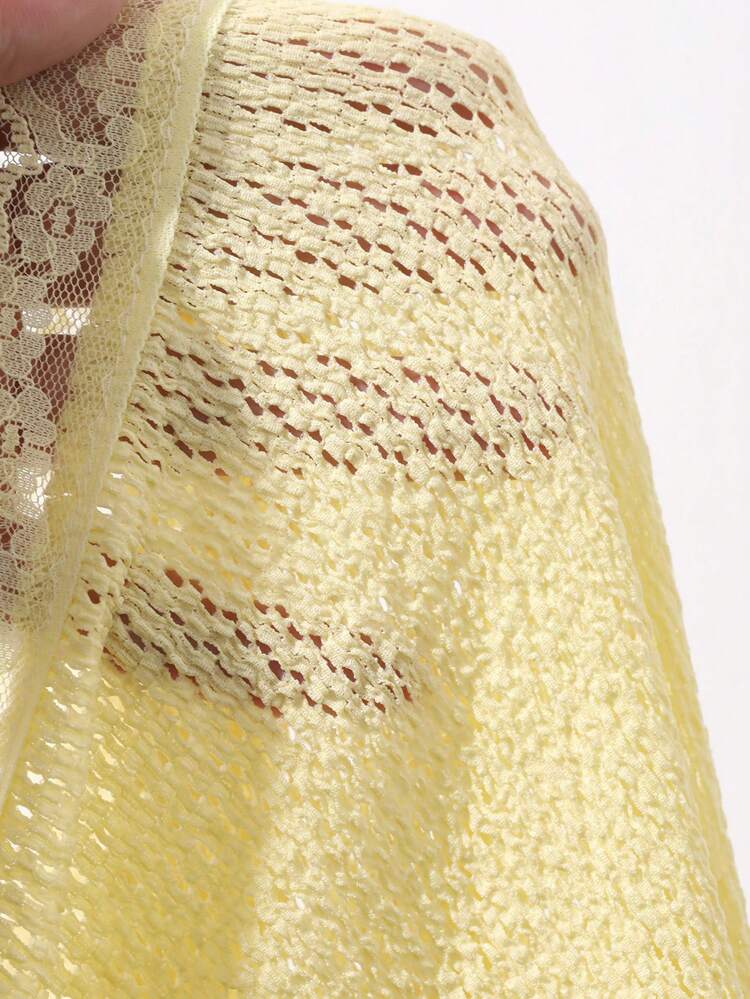 Contrast Lace Slim Waist Split Hem Long Sleeve Casual Vacation Lightweight Knit Top For Women, Summer