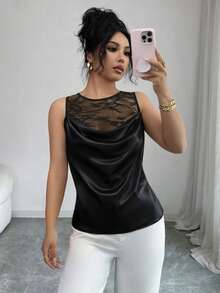 Pariaura Top de camisola elegante de encaje francés y satén, ropa sexy para vacaciones - Negro - Ver 5