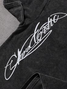 PAVTROS 男士休闲时尚街头通勤字母印花水洗短袖T恤，夏季 - 黑色 - 查看 4