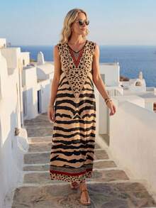 Vestido suelto de verano con cuello en V y estampado tropical de plantas para vacaciones en la playa - Multicolor 15 - Ver 3
