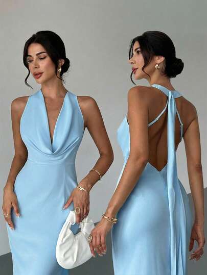 Firerie Elegante y sexy vestido maxi con espalda descubierta y abertura, vestido formal de gasa ligera con cuello halter drapeado, sin mangas y con volantes en el bajo, para vacaciones, fiestas, graduaciones, regreso a clases, té y vestidos de verano