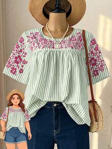 Rusticease 大码女式春季休闲度假短袖条纹印花衬衫 - 薄荷綠 - 查看 1