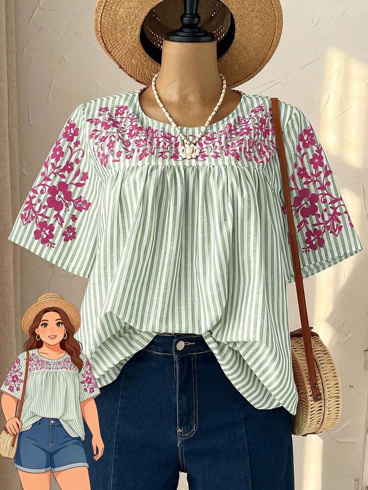 Plus Size Women Spring Casual Vacation Short Sleeve Striped Floral Print Blouse,Plus Size Women's Summer Casual Vacation Country Spring Round Neck Short Sleeve Green Striped Floral Print Blouse,Spring Break,Vacation,Holiday,Going Out,2026 New,Simple And Fashionable For Everyday Wear,Casual Vacation Boho Top, Smock Top, Striped Blouse, Boho Chic Top,Suitable For Summer, Vacation, Commute, Daily Wear, Going Out Tops,Gifts For Mother